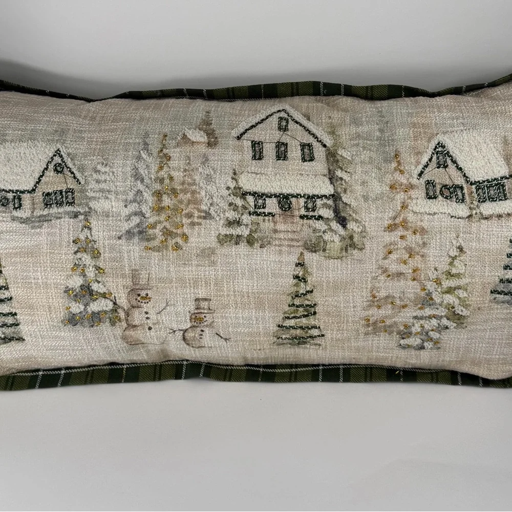 Rachel Ashwell Snowy Village Scene Green Plaid Trim Decorative Pillow  Charming